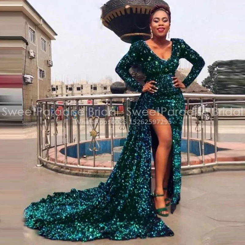 

Emerald Green Sequins Evening Dresses With Long Sleeves Streamer Mermaid Plunging Neck High Split Reception Dresses Party