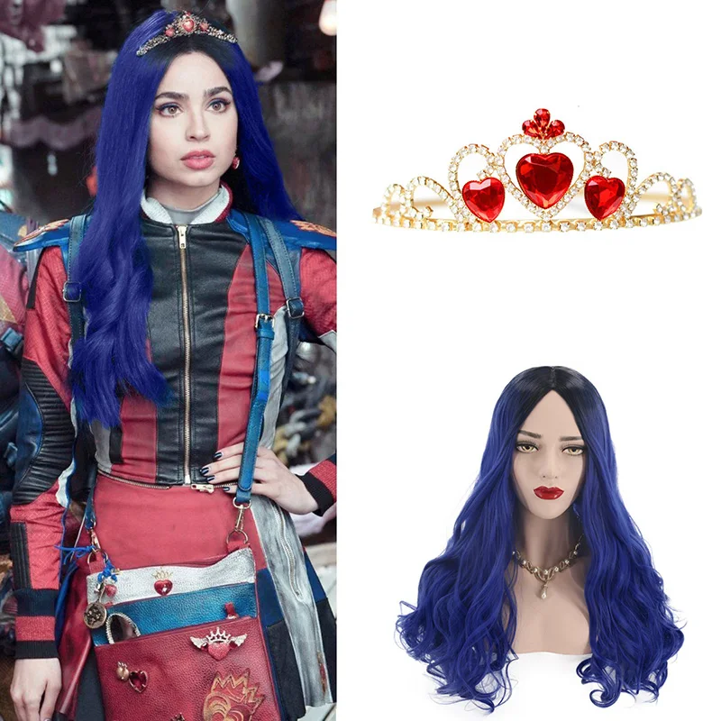 

Movie Descendants 3 Evie Anime Cosplay Wig Halloween Party 60cm Blue Black Ombre Long Wavy Wig With Crown headwear a wig cap