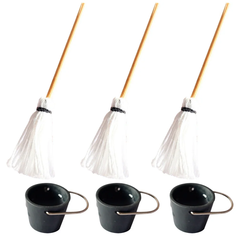 

3 Sets Bucket Mop Model Miniature House Kit Combination Cleaning Tool Resin Decors Toddler