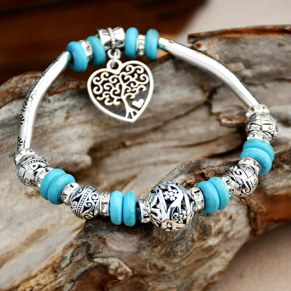 

Ethnic Vintage Heart Tree Charm Bracelets For Women Natural Stone Beads Bracelet Jewelry Mother Day Gift