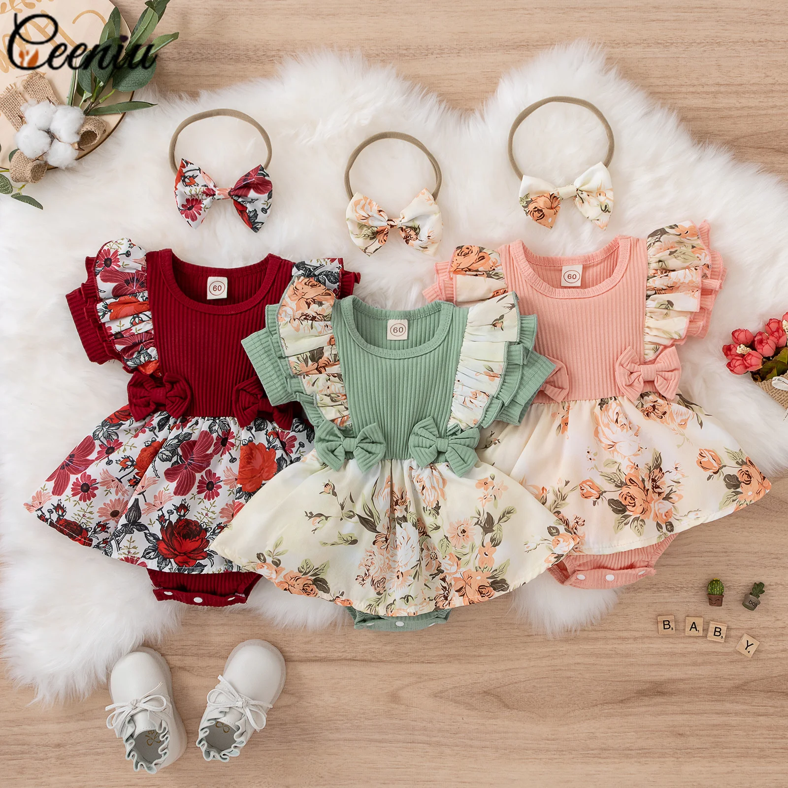 

Ceeniu 0-18M Newborn Princess Romper For Girls Ruffles Short Sleeve Bowknot Floral Bodysuit Dress Baby Girls Birthday Clothes