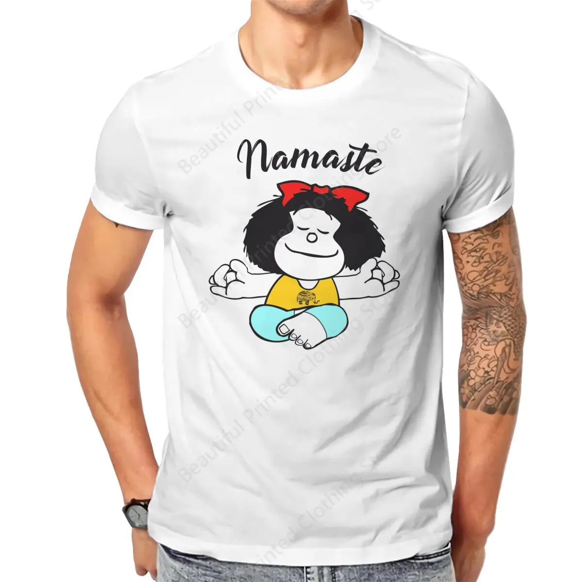 Mafalda Namaste Men's Women's T-Shirt Funny Printing T-ShirtsO-Neck Breathable Tee Cotton Fun Tees