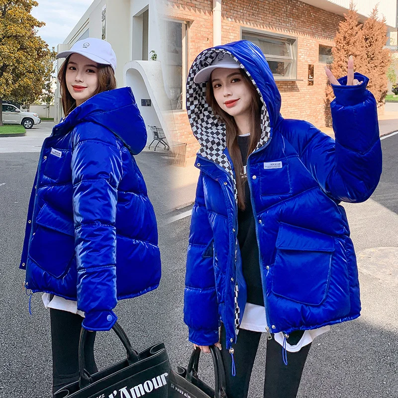 Oversize Women's Winter New Style College Style Fashion Hooded Pearlescent Colorful Thickened Warm Down Cotton Jacket Women