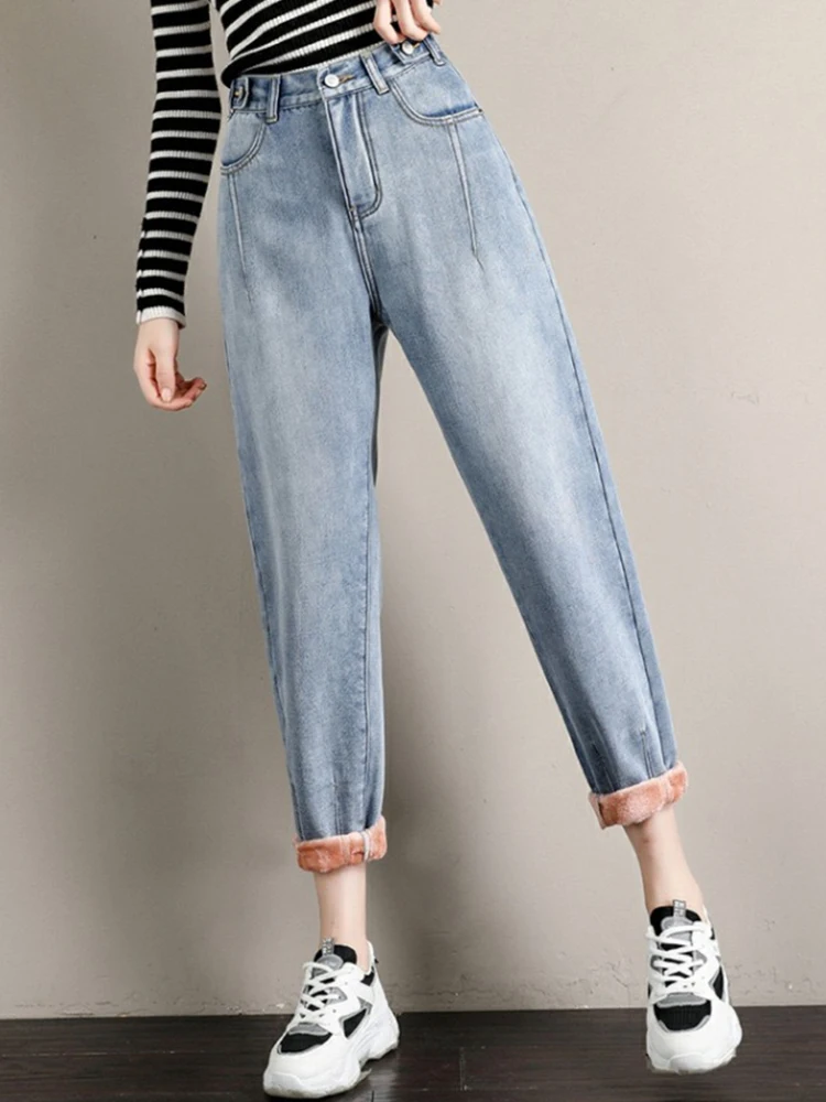 Женские зимние джинсы-шаровары с высокой талией и плюшевой подкладкой