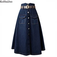 kohuijoo long jean skirt women korean 2022 spring new high waist vintage single breasted sashes denim skirts with pocket casual