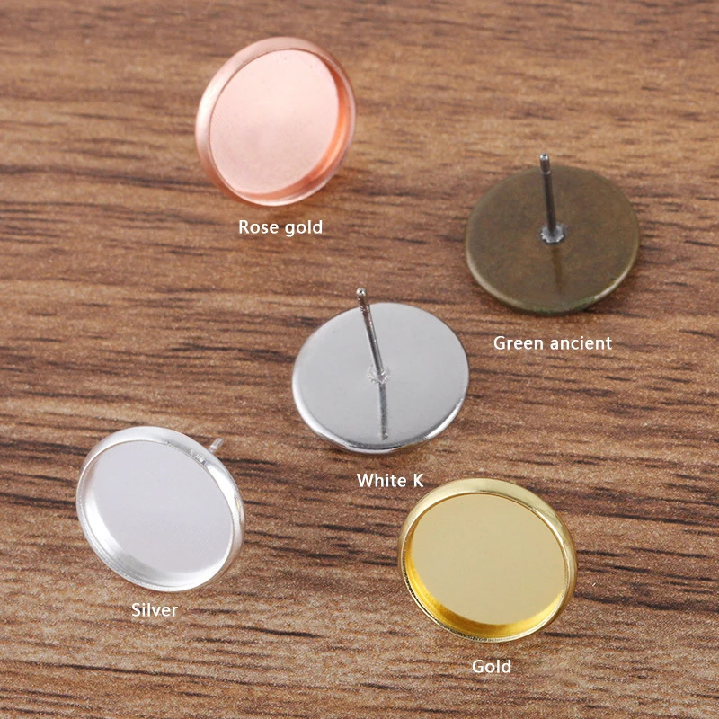 

50pcs Plated High Quality Blank Earring Base Cabochon Base 8 10 12 14 16 mm Flat Earring Setting Supplies For DIY Jewelry Making