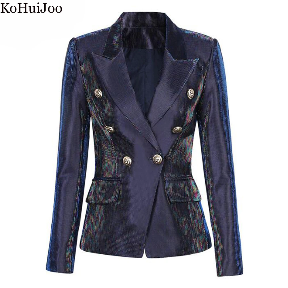 KoHuiJoo Sequin Blazer Women 2022 Autumn Winter Blue Long Sleeve Double Breasted Suit Jacket British Style Velvet Ladies Blazers