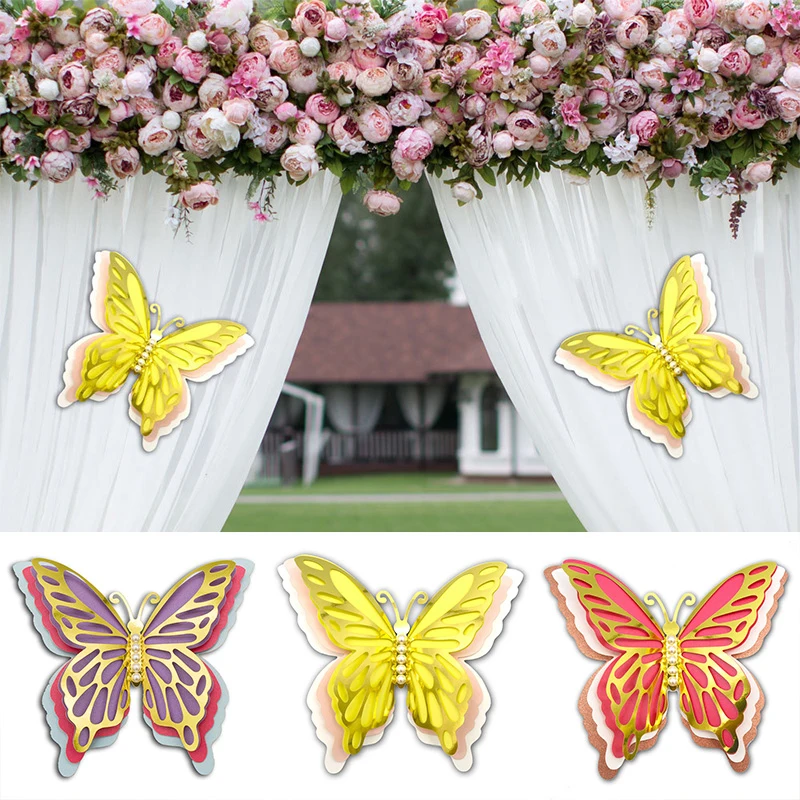 

20/30cm Large Butterfly Sticker Wall Stickers Home Wedding Decoration Simulation Hollow Four-layer With Pearl DIY Party Decor