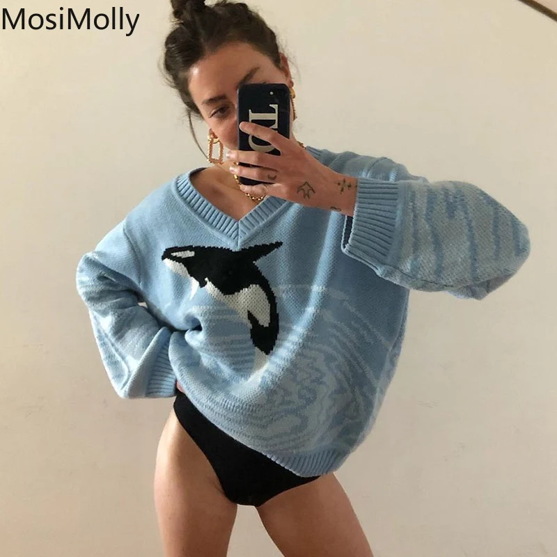 MosiMolly 2021 свитер с дельфином женский свободный V-образным вырезом Пуловер Джемпер