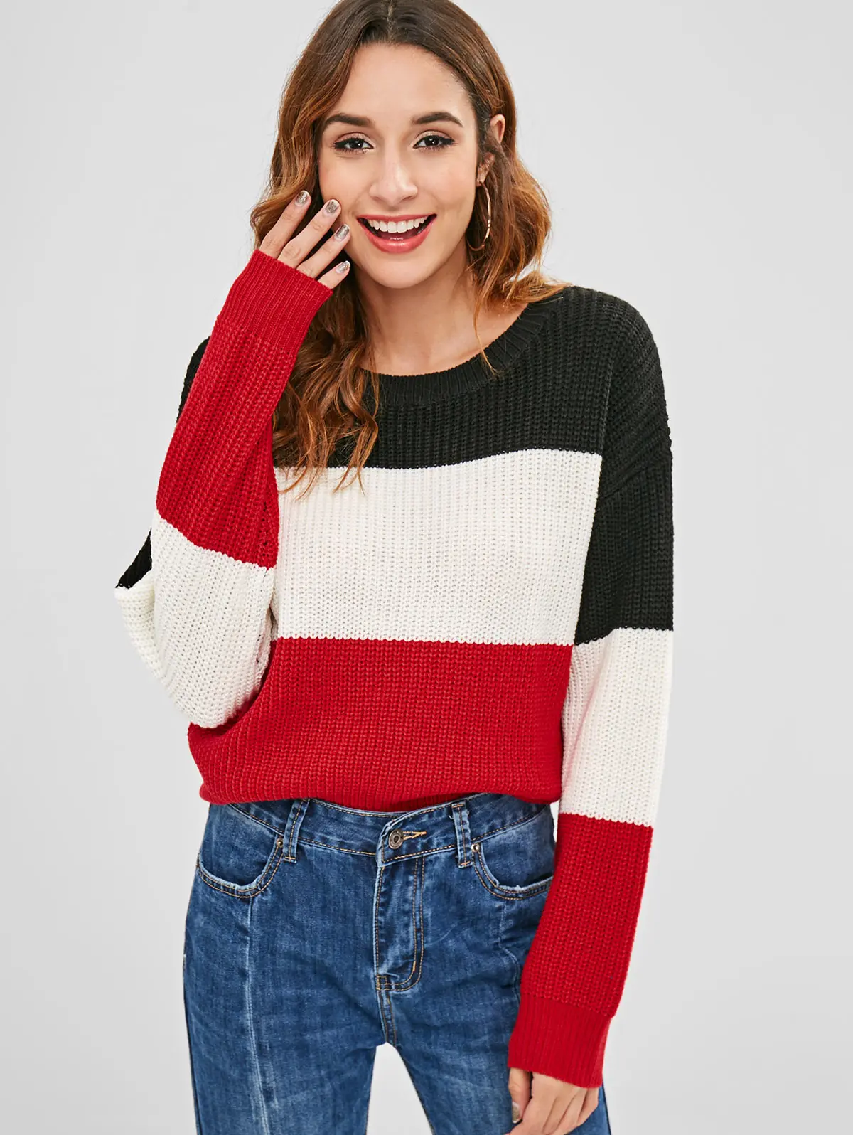 

ZAFUL Color Block Striped Sweater Autumn Winter Top Round Neck Pullover Female Fashion Knitted Jumper
