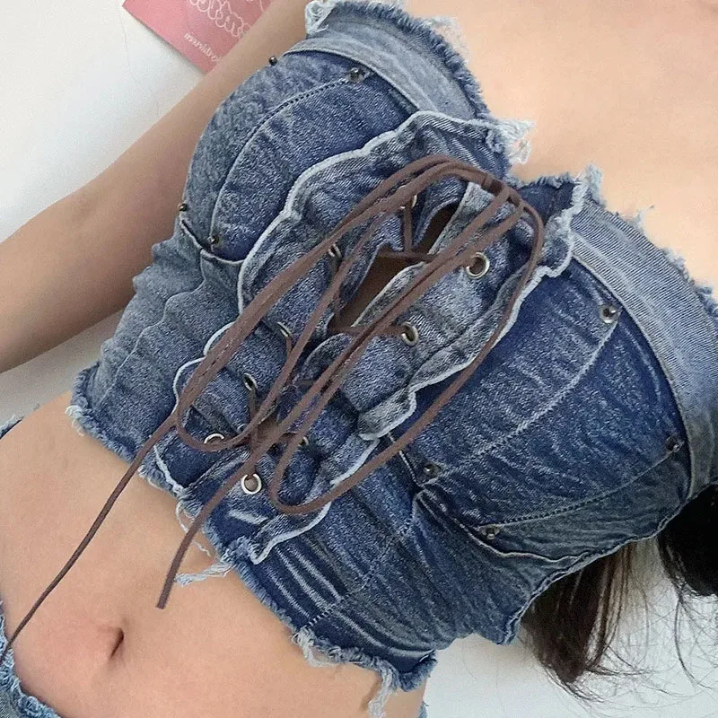 Женские пикантные джинсовые эластичные майки Укороченный бюстгальтер лето 2024