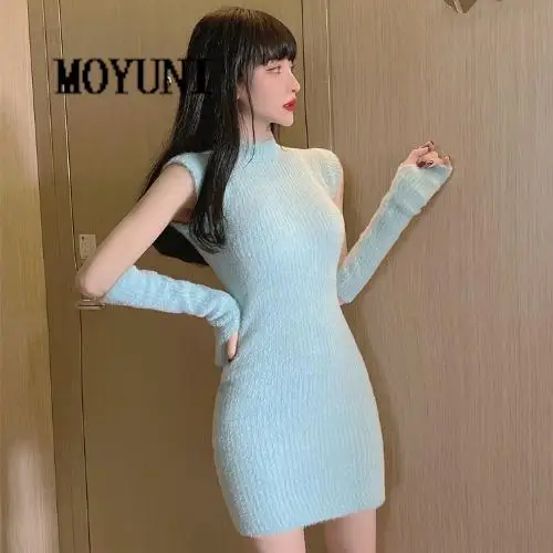 

Женское облегающее платье-свитер, однотонное Привлекательное платье-свитер с запахом, круглым вырезом и длинными рукавами, элегантное модн...