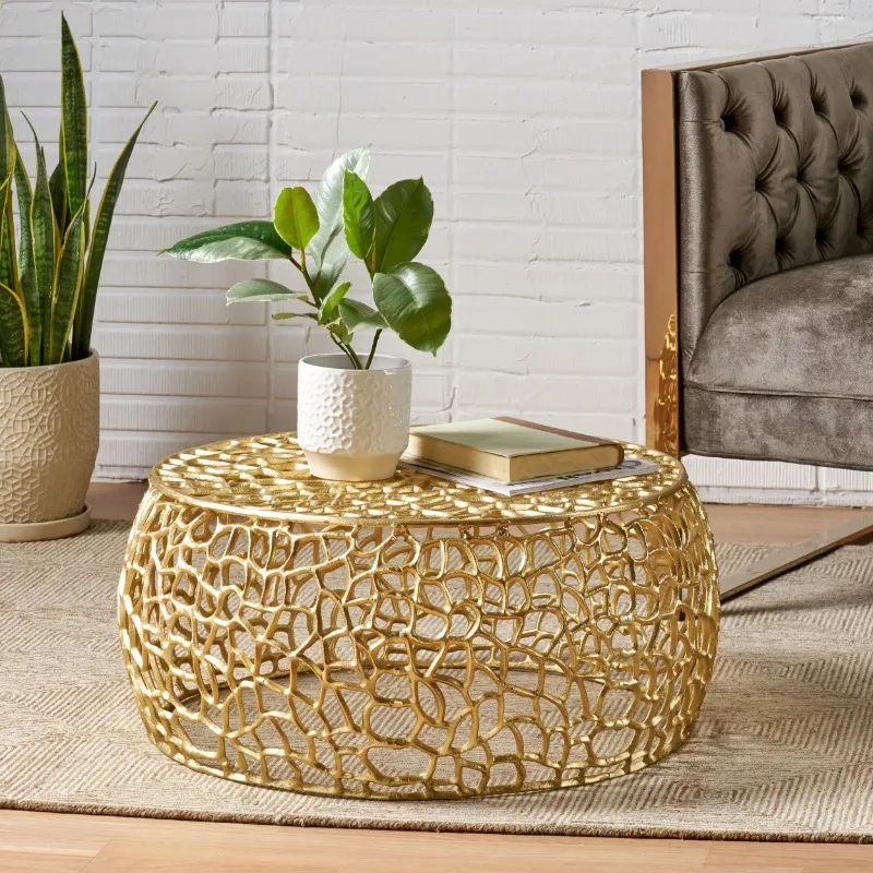 

Noble House Avelina Modern Handcrafted Aluminum Mesh Coffee Table, Gold