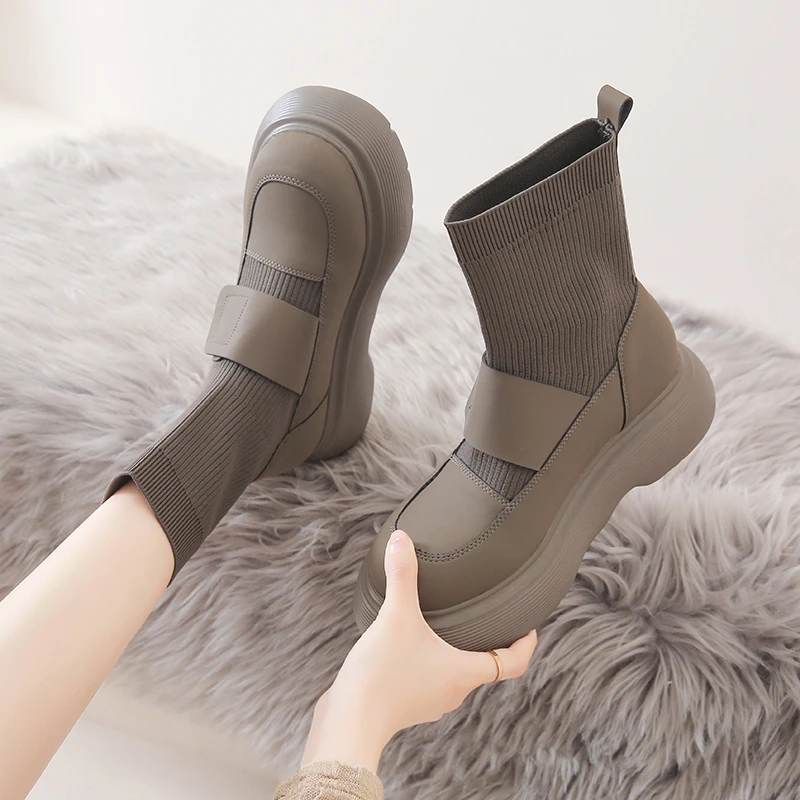 

Platform Sock Boots Women 2023 New Trend Autumn Ankle Boots Female Punk Gothic Chunky Beige Black Women Boots chaussure femme