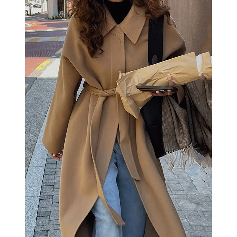 

SuperAen Korean Chic Autumn Winter Retro Lapel Tie Waist Khaki Black Long Woolen Coat for Woman