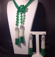 white pearl and green jade round tassel necklace earrings