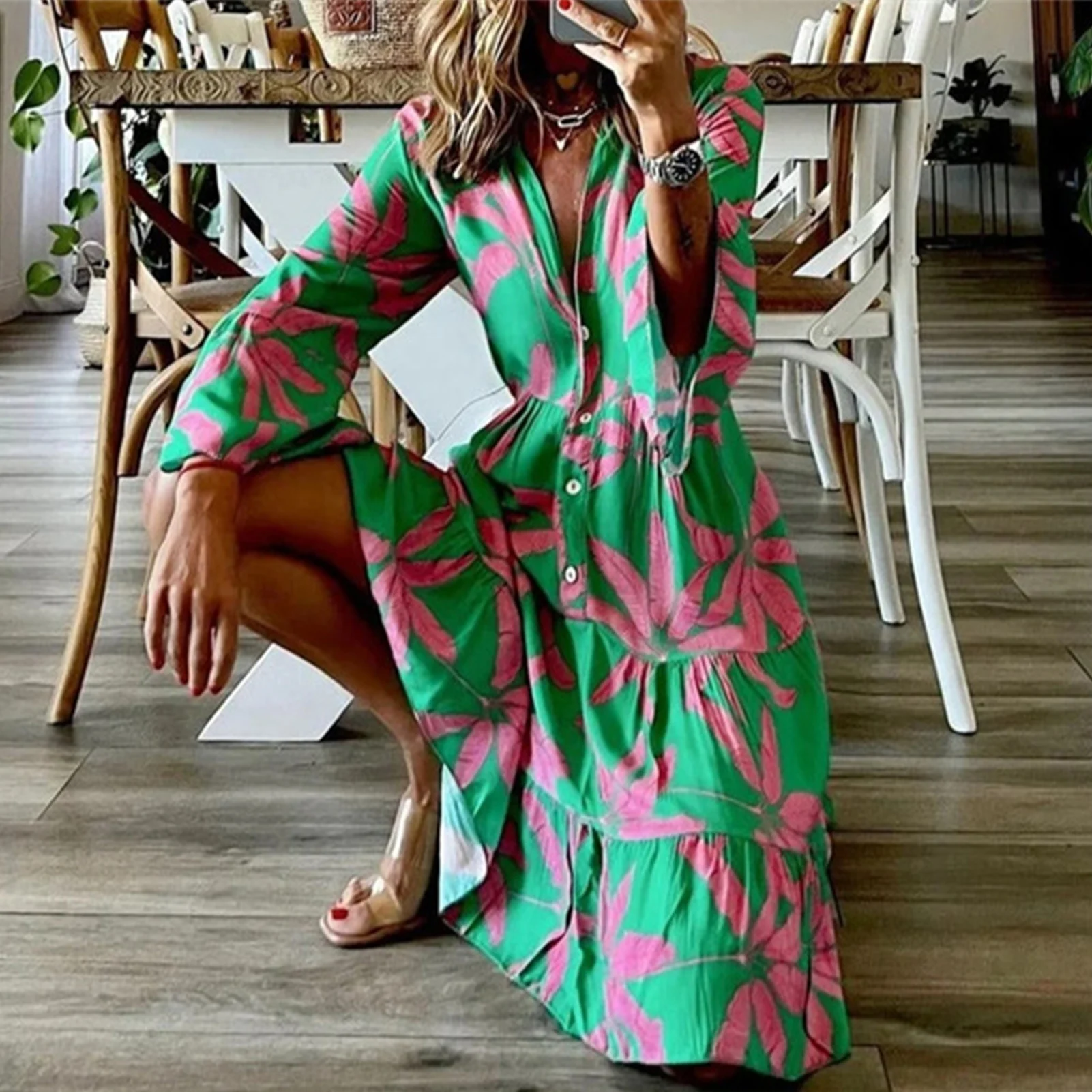 

Summer Long Sleeve Dress Flare Sleeve Floral Elegant Dress V-Neck Vintage Temperament Large Swing European for Weekend Vacation