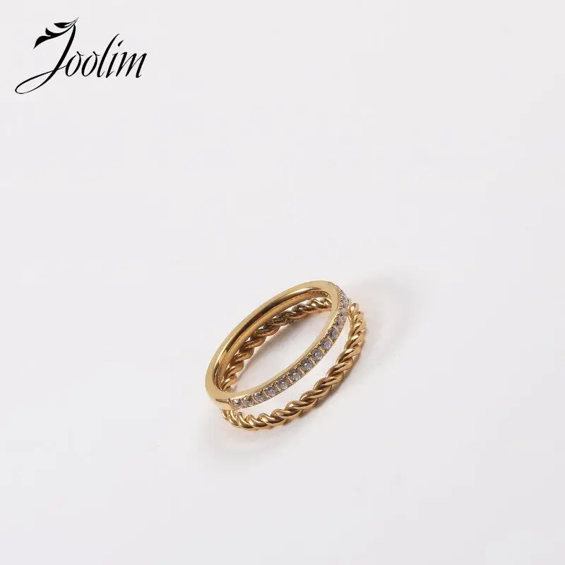 

Joolim Jewelry High End Gold Finish No Fade Light Luxury Double Twist Half Round Zirconia Stainless Steel Finger Rings for Women