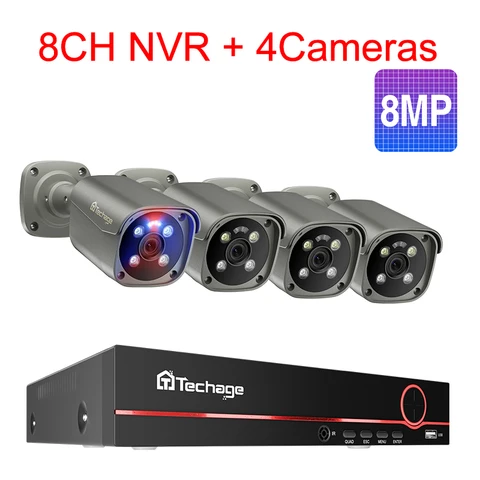 Система видеонаблюдения Techage, комплект уличных IP-камер видеонаблюдения, 8 каналов, 5 МП, 8 Мп, 4K HD POE NVR с двухсторонним аудио и функцией распознавания лица