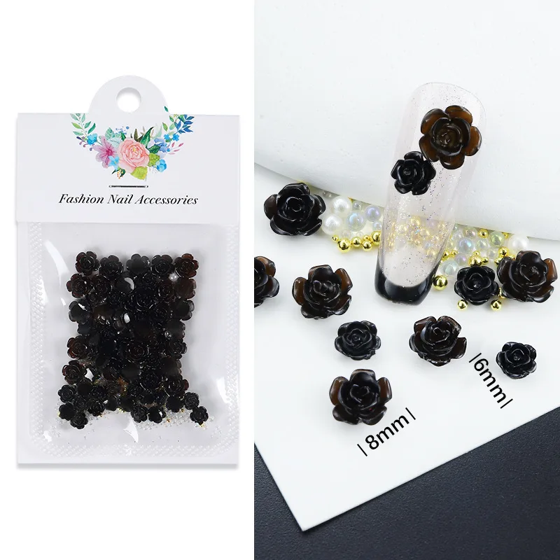 50Pcs Black Camellia Nail Rhinestones Rose Jewelry Mixed Pearl Caviar Diamond Parts DIY Japan Charms Spring Nail Art Decorations images - 6