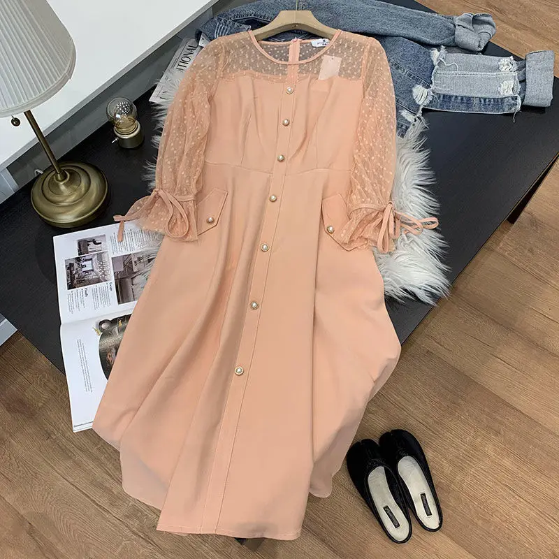 Orange pink dress spring long-sleeved pullover new long Hong Kong style dress mid-waist commuter