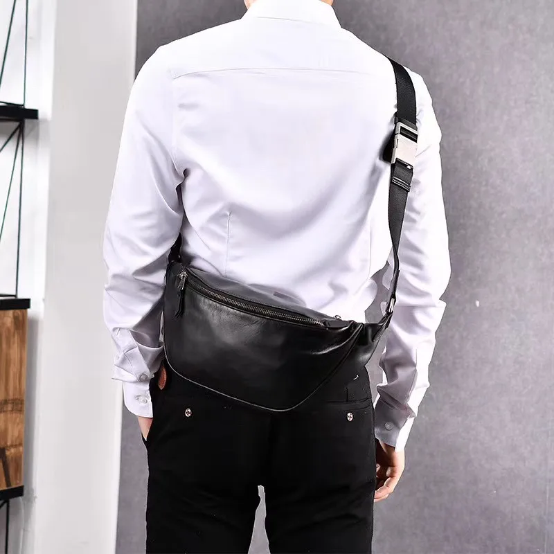 Simple casual natural real leather men's black chest bag for daily outdoor sports lightweight soft cowhide summer messenger bag