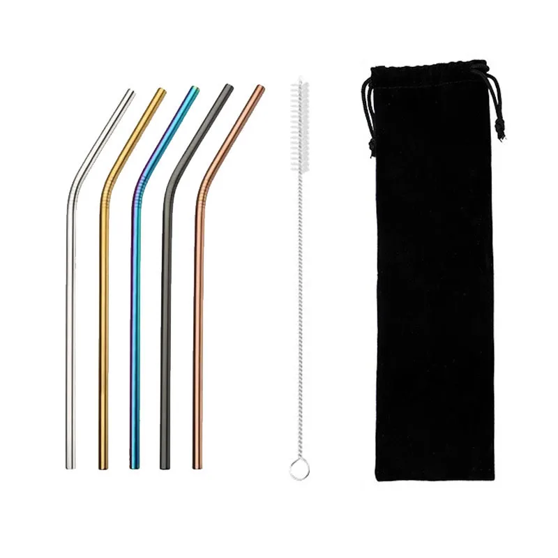 

5Pcs Reusable Drinking Straw 304 Stainless Steel Straight Bent Metal With Cleaner Brush Pouch Kitchen Bar Accessory Wholesale