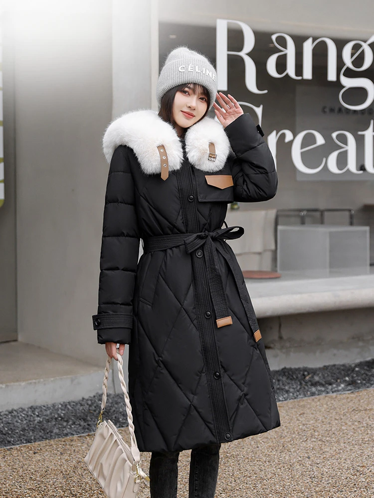 MEILLY DOLPHIN New Cotton Padded Quilted Women Winter Coat Clothes Big Fur Collar Snow Parkas Long Warm Puffer Jacket With Belt