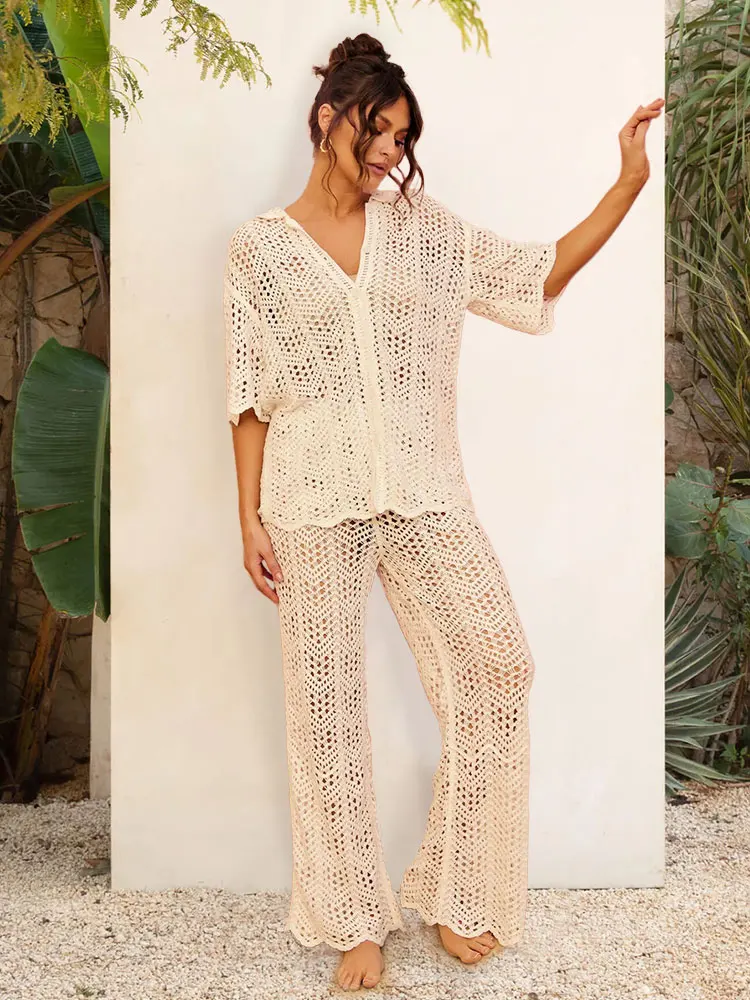 Повседневная вязаная крючком рубашка и брюки с тепловой волной бежевый комплект