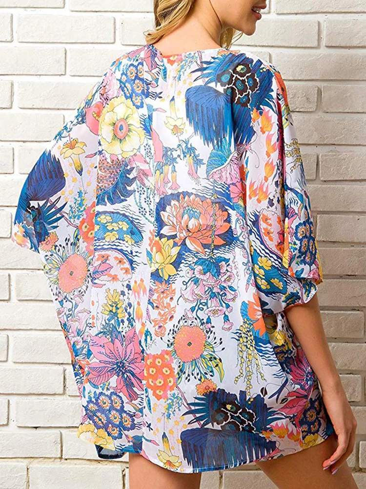 Летнее женское шифоновое кимоно с цветочным принтом пляжный кардиган прозрачная