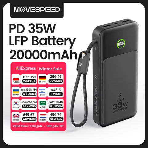 【CCC】MOVESPEED P20 LFP Аккумулятор Power Bank 20000 мАч 35 Вт PD Быстрая зарядка Powerbank Внешнее зарядное устройство для iPhone Xiaomi Samsung