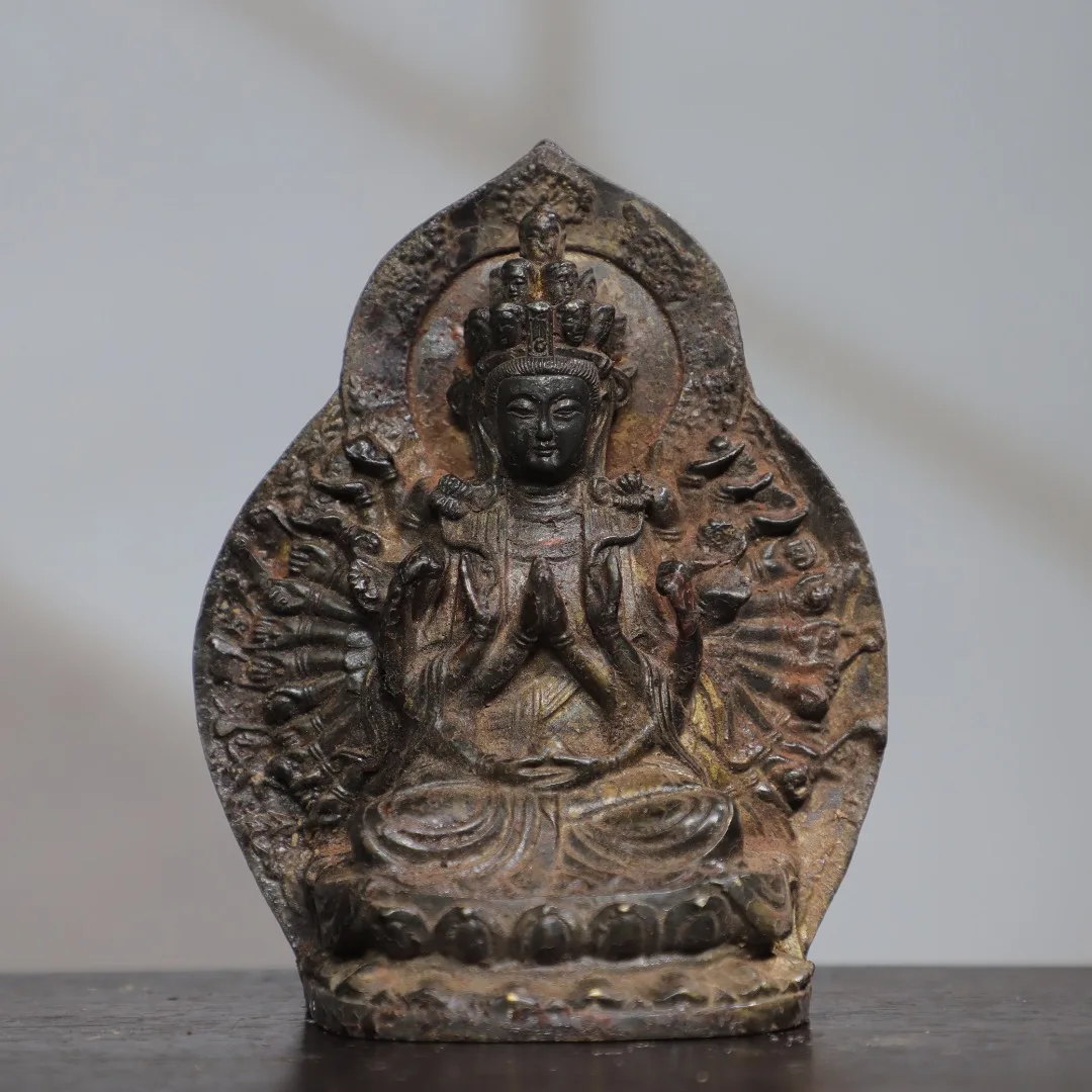 

6"Tibet Temple Collection Old Bronze Cinnabar Mud gold Cundhi Bodhisattva 1000 Arm Guanyin Backlight Worship Hall Town house