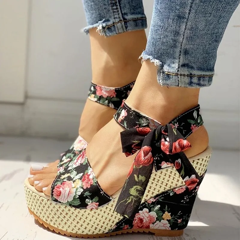 

Summer New Beach Boho Floral Wedge Sandals Women Ankle Strap Platform Gladiator Shoes Woman High Heels Sandals 2022 Zapatos