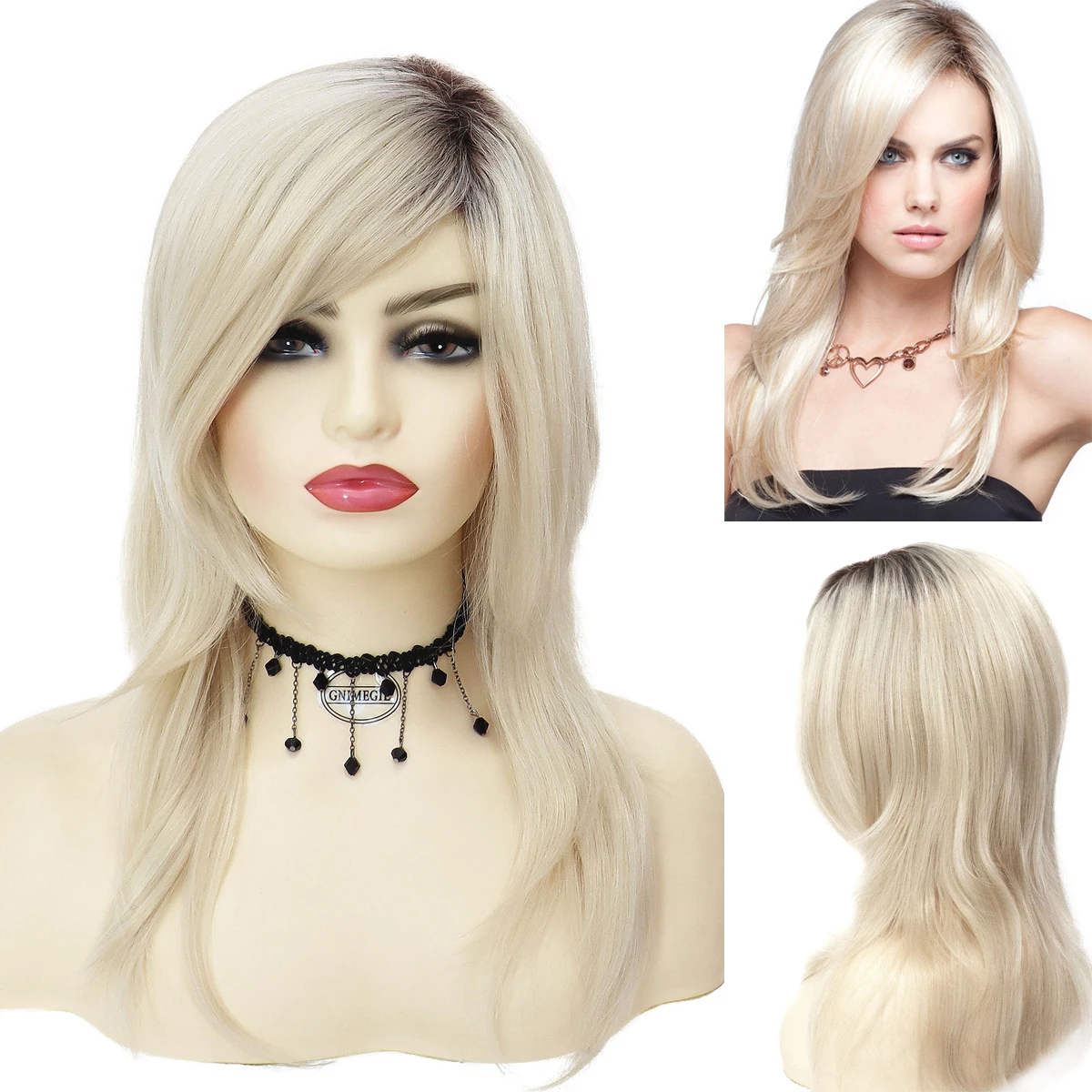 

GNIMEGIL Synthetic Long Blonde Wig with Bangs for White Women Ombre Wig with Dark Roots Natural Straight Hair Replacement Wig