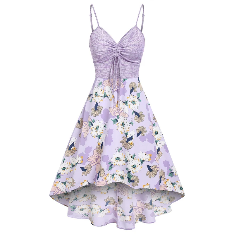 

Flower Space Dye Print Vacation High Low Dress Cinched Ruched Combo Adjustable Shoulder Straps Midi Robe For Women Summer New