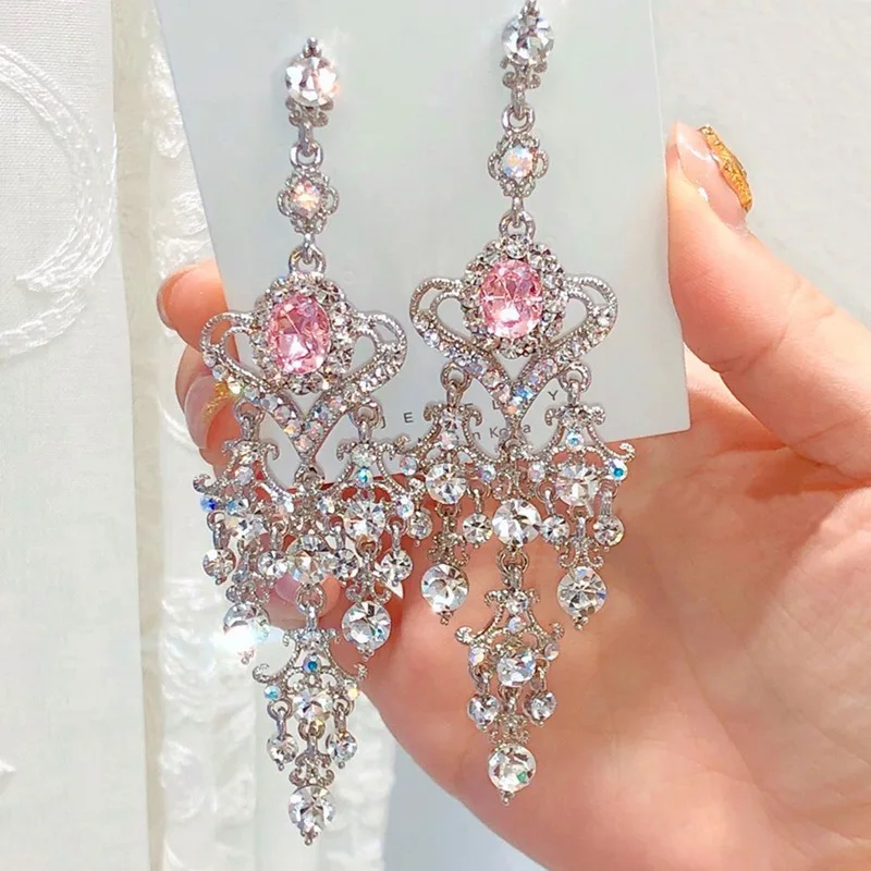 Блестящие Винтажные серьги Стразы в стиле барокко с розовым кристаллом в форме сердца милые серебряные серьги-гвоздики ювелирные изделия к...