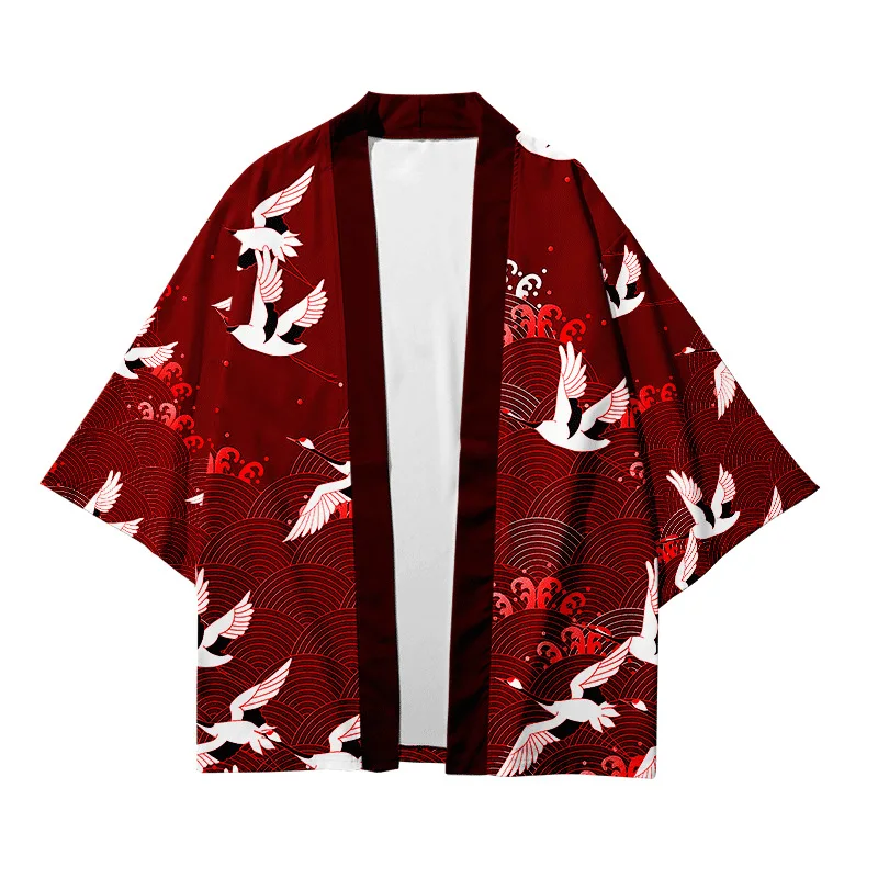 Cárdigan japonés holgado con estampado de grulla roja para hombre y mujer, blusa tipo Kimono Harajuku, ropa de talla grande 6XL, 5XL, 4XL, 3XL