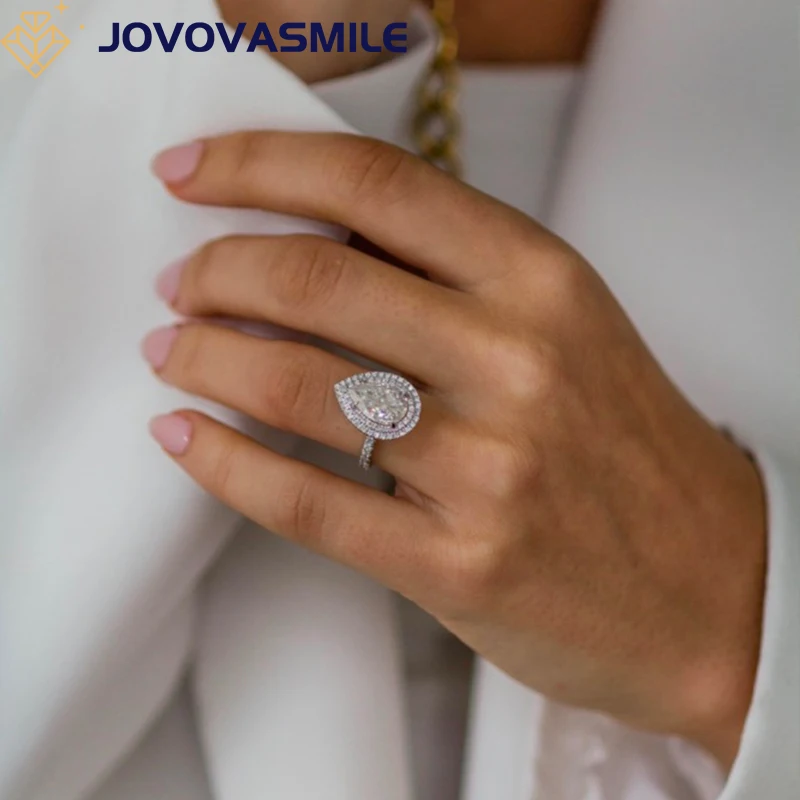 JOVOVASMILE Pear Moissanite Ring Woman 7x11mm 3carat 9k White Gold Double Halo Rings For Women Luxury Jewelry Accesorios Anelli