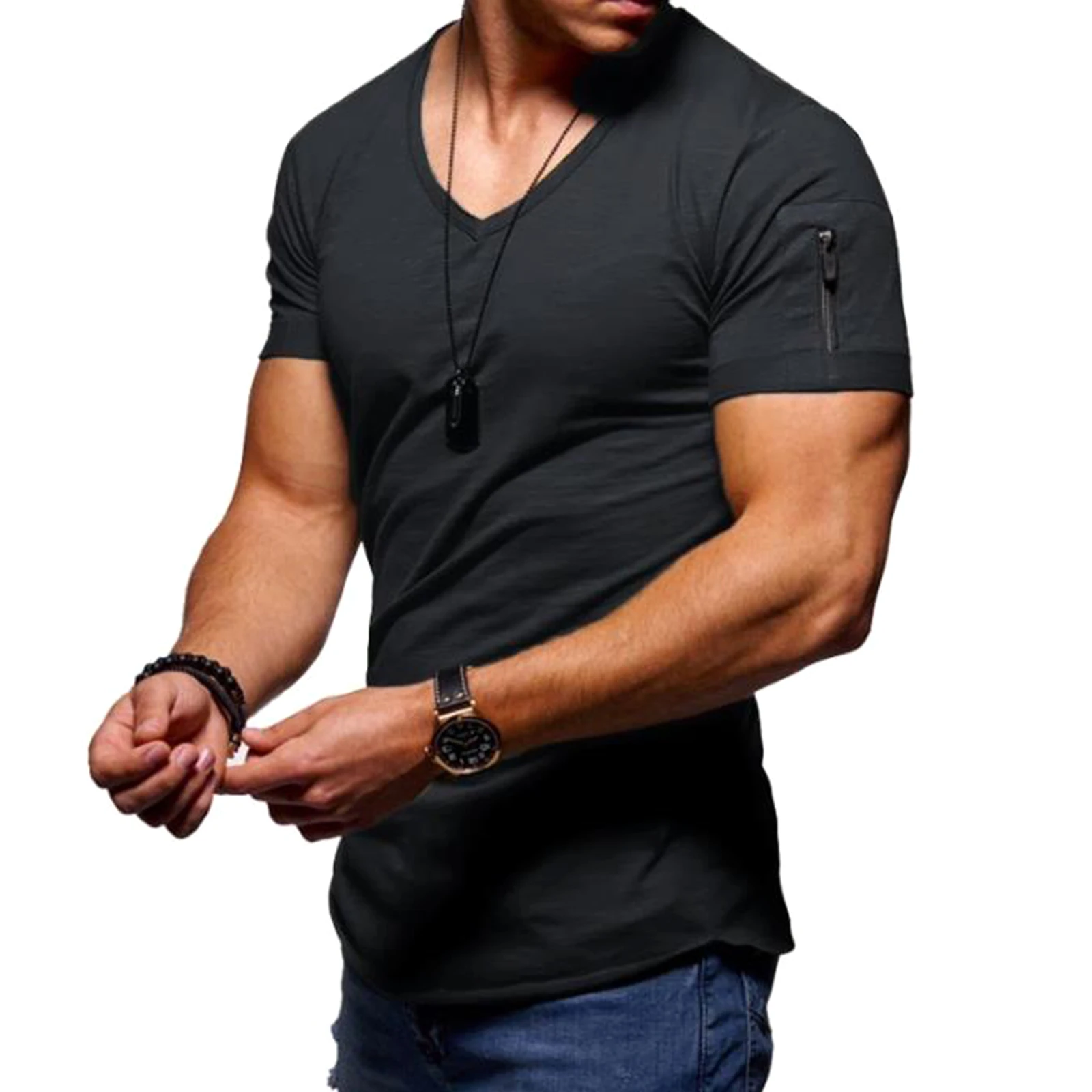 

Футболка мужская однотонная с V-образным вырезом, Повседневный пуловер с коротким рукавом и карманами на молнии, спортивная одежда для взро...