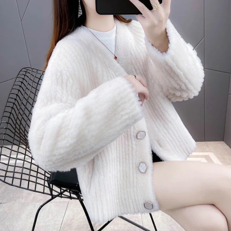 brand genuine Luxury 2023 Casual Big Button Winter Jacket Women Real Coat Natural Knitted Wool Fur Thick Warm Loose Streetwear F