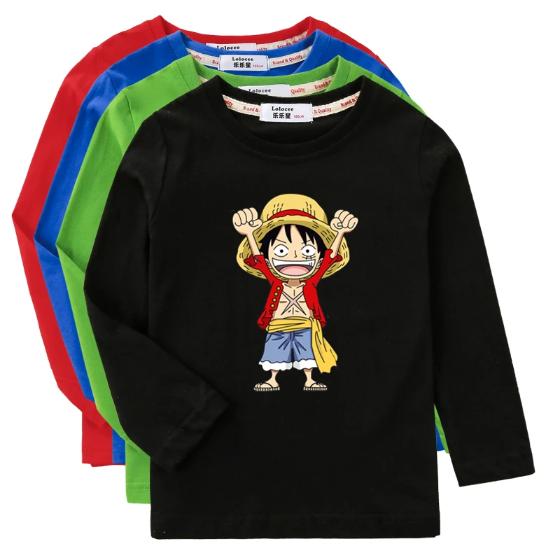 Boys Anime Shirt Kids Luffy Long Sleeve T-Shirt Spring Autumn Cotton Top Teenager Cartoon Costume