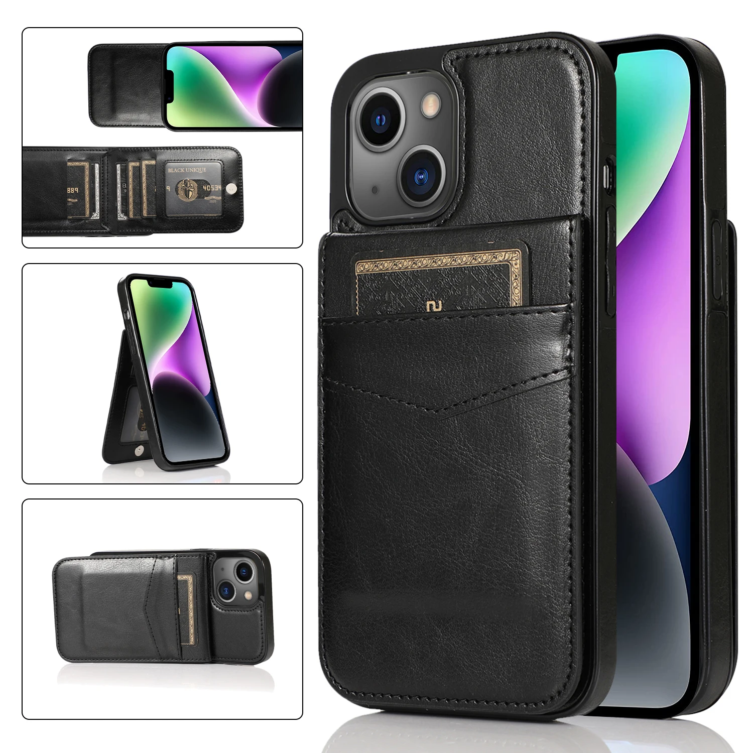 

PU Leather Wallet with Credit Card Kickstand Phone Case for IPhone 13 12 Mini 15 14 11 Pro Max X XR XS 7 8 Plus Shockproof Cover