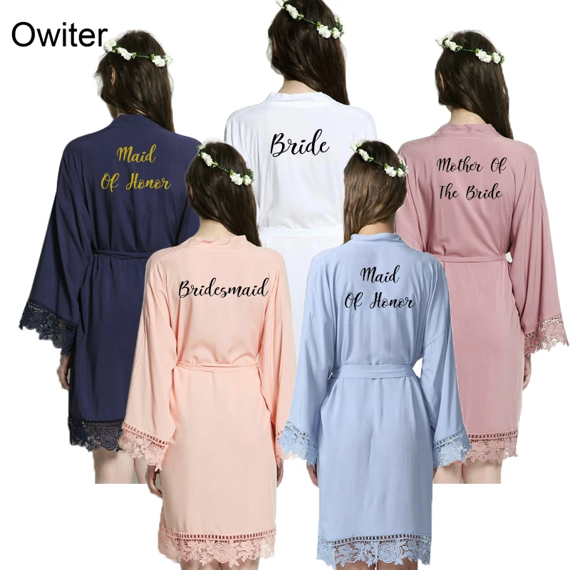 

Owiter 2019 Cotton Kimono Robes w/ Lace Trim Women's Wedding Bridal Maid of Honor Bridesmaid Bride Mother Sister Short Belt Robe