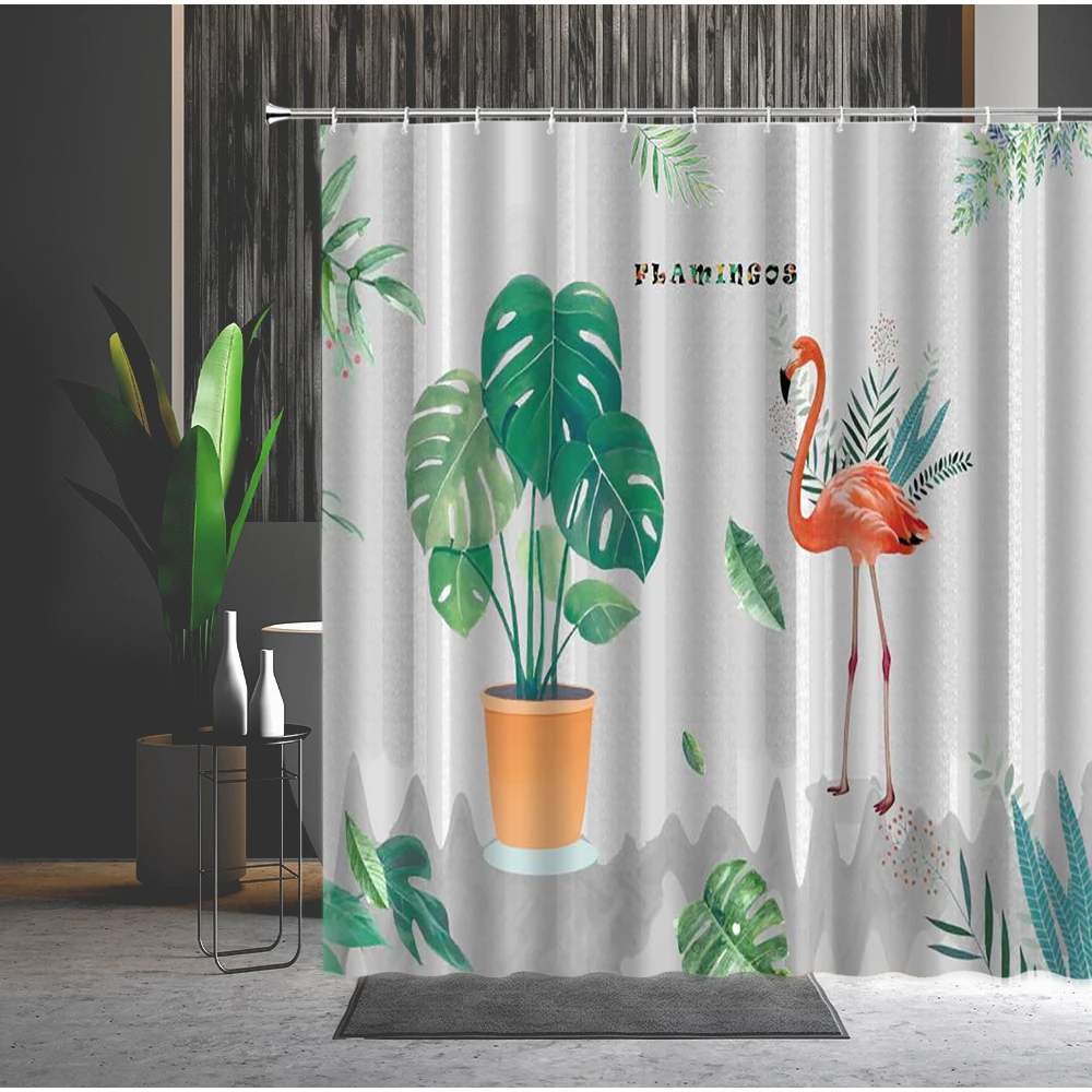 

Palm Tree Green Leaf Tropical Plants Flamingo Shower Curtain Natural Animal Cartoons Toucan Flowers Pineapple Bathroom Curtains