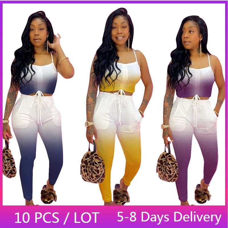 

Wholesale Items Tie Dye Two Piece Set Women Lounge Wear Club Outfits for Women Summer 2022 Ruched Backless Crop Top Pants Set