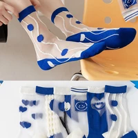 klein blue crystal socks womens middle tube sock summer thin section cute smiley love cotton bottom transparent glass stockings