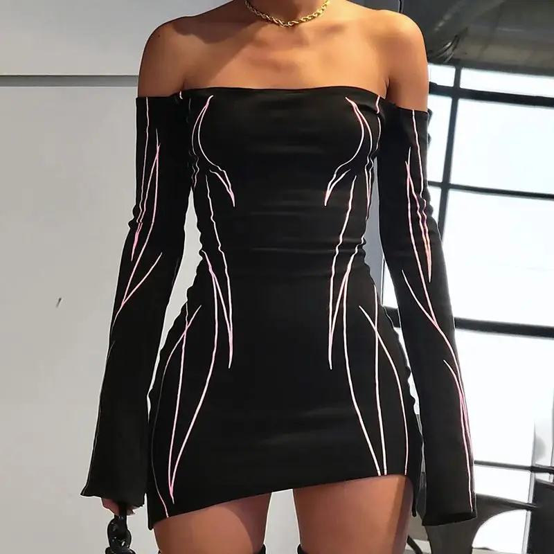 

Print Y2k Party Dress Goth Dark Cyber Gothic Techwear Punk Off Shoulder Sexy Biker Mini Dress For Women Full Sleeve Streetwear