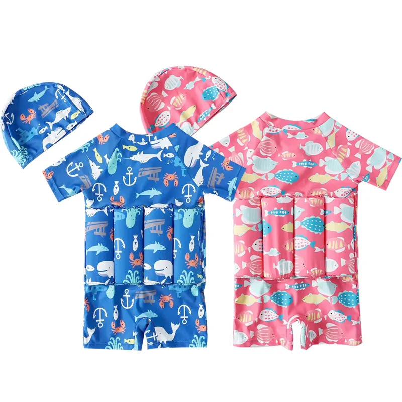 

Baby Life Vest Float Life Jacket Children's Buoyancy Swimsuit One-piece Swimsuit Cute Cartoon Flat Angle Swimwear With Hat