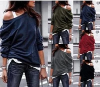 fashion spring and autumn new womens pullover tops one shoulder solid color long sleeved tops female t shirts