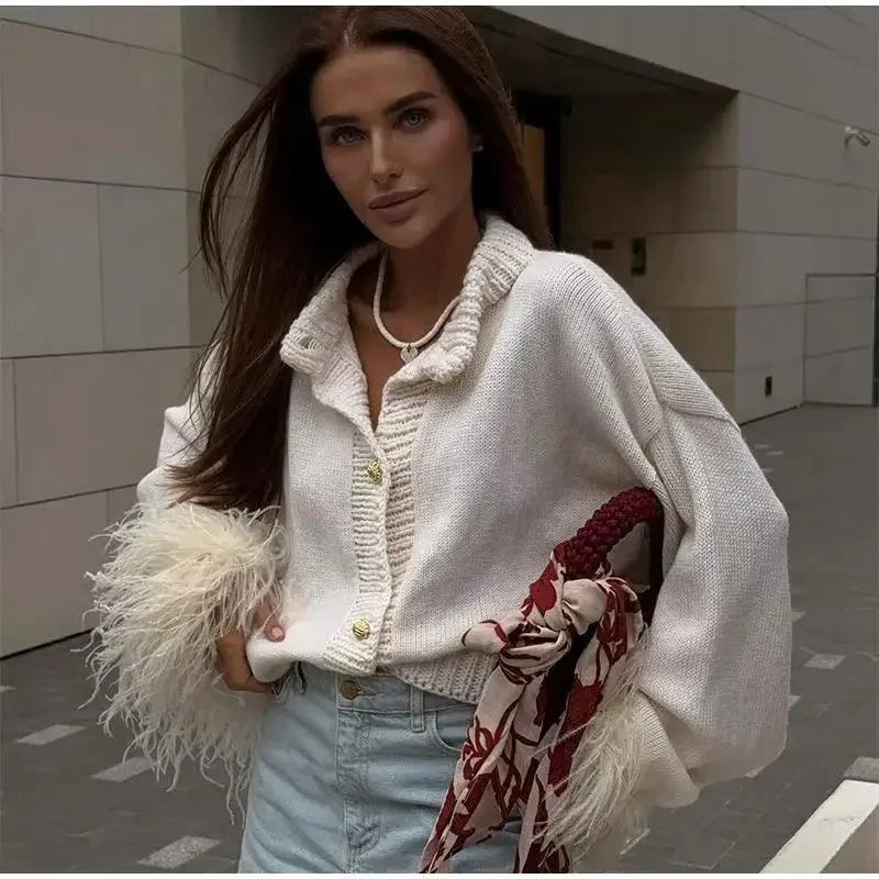 2025 вязаный кардиган в стиле пэчворк с перьями женский модный однобортный